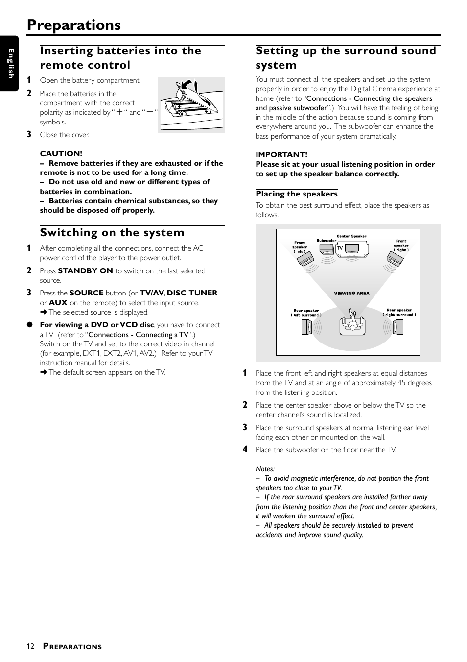 Preparations, Inserting batteries into the remote control, Switching on the system | Setting up the surround sound system | Philips Magnavox mrd210 User Manual | Page 14 / 29