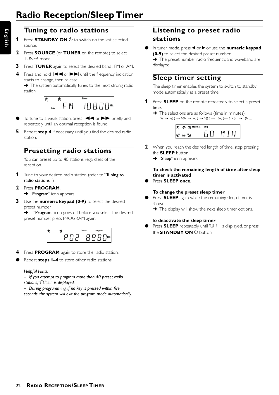 Radio reception/sleep timer, Tuning to radio stations, Presetting radio stations | Listening to preset radio stations, Sleep timer setting | Philips Magnavox mrd210 User Manual | Page 24 / 29