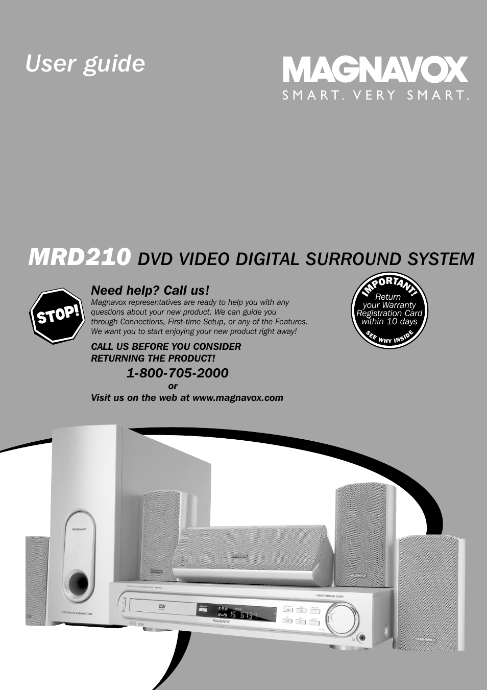 User guide, Mrd210, Dvd video digital surround system | Need help? call us | Philips Magnavox mrd210 User Manual | Page 3 / 29