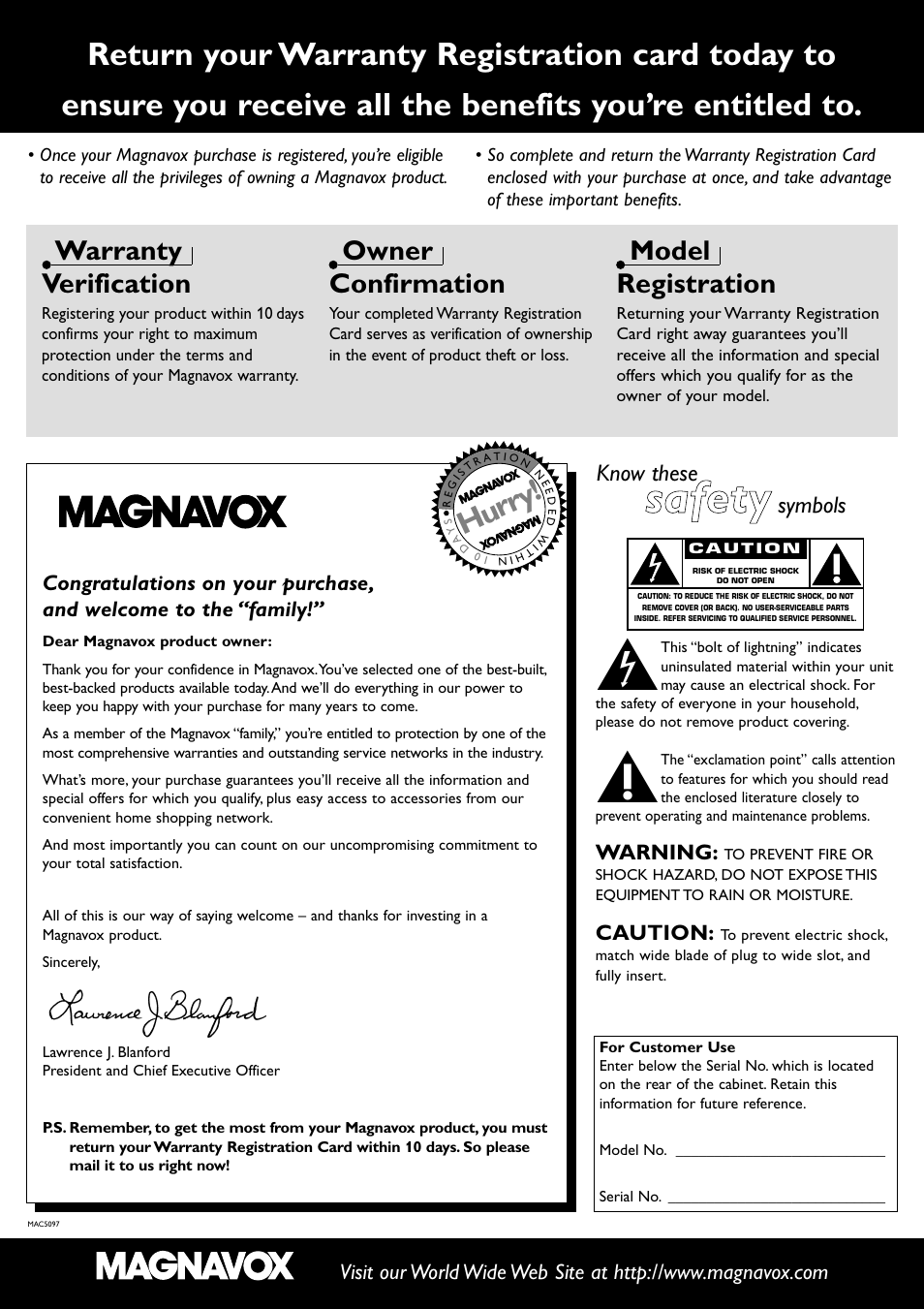 Ssa affe etty y, Hurry, Warranty verification | Owner confirmation, Model registration, Know these, Symbols | Philips Magnavox mrd210 User Manual | Page 4 / 29