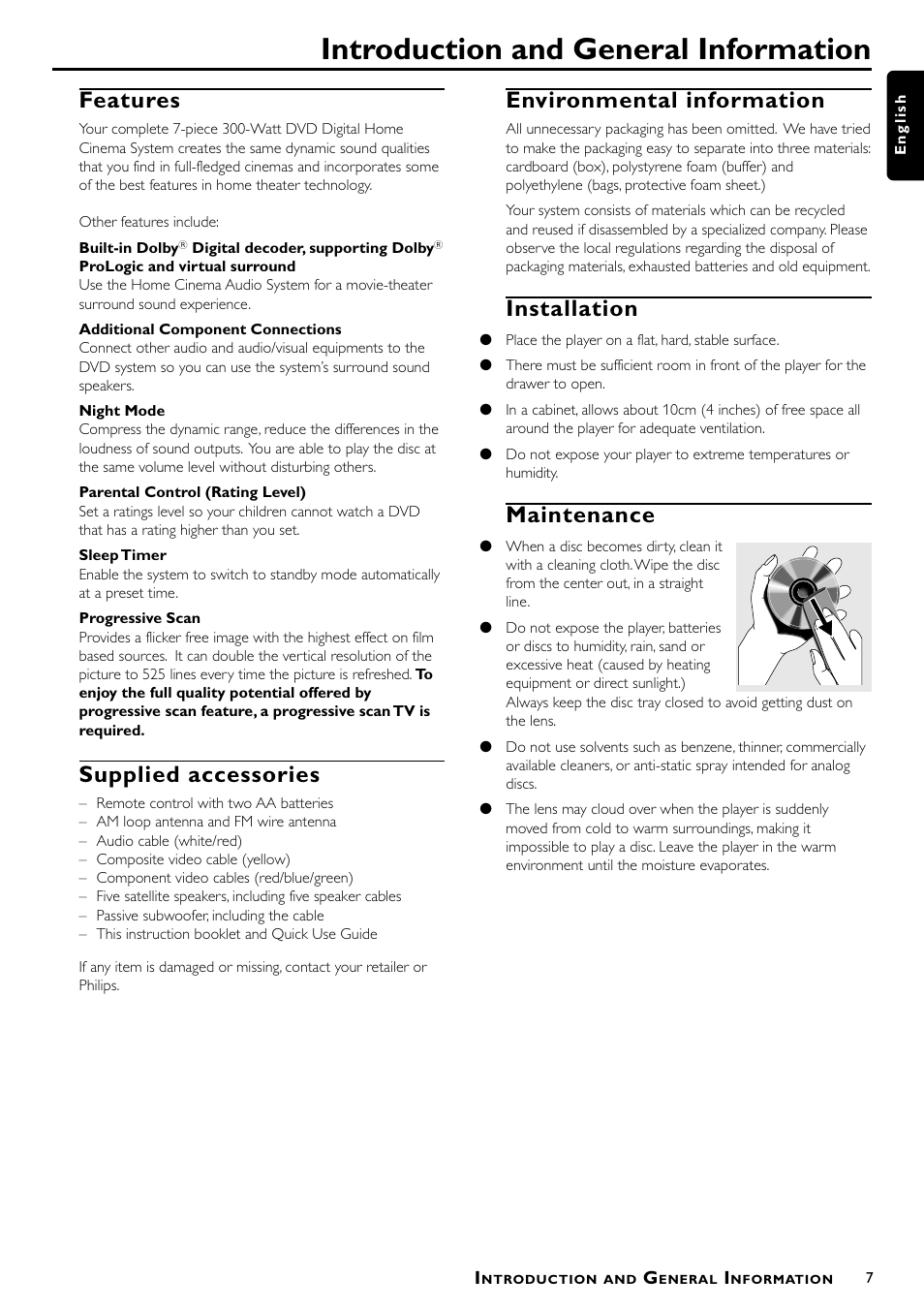 Introduction and general information, Features, Supplied accessories | Environmental information, Installation, Maintenance | Philips Magnavox mrd210 User Manual | Page 9 / 29