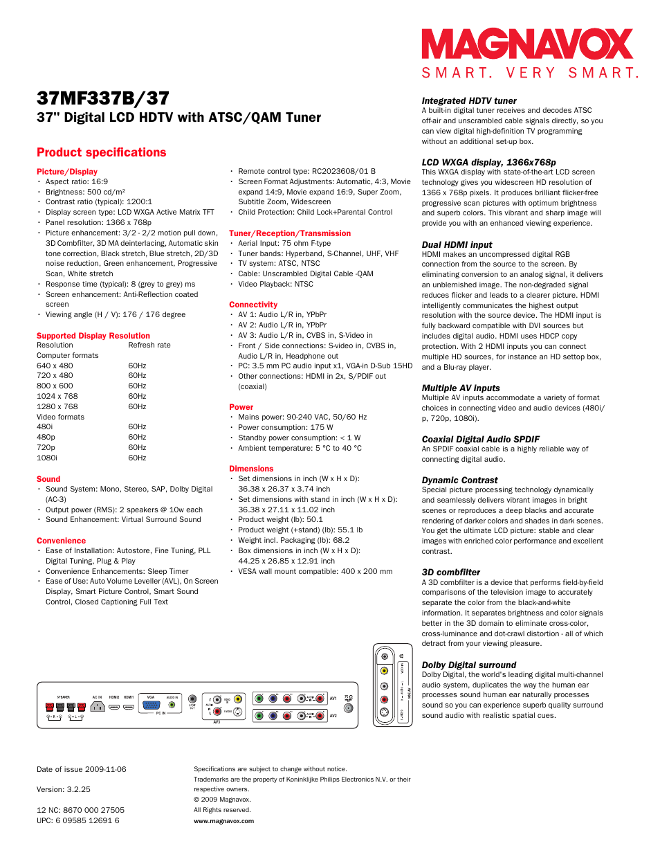 37" digital lcd hdtv with atsc/qam tuner, Product specifications, Integrated hdtv tuner | Dual hdmi input, Multiple av inputs, Coaxial digital audio spdif, Dynamic contrast, 3d combfilter, Dolby digital surround | Philips Magnavox 37MF337B User Manual | Page 2 / 3