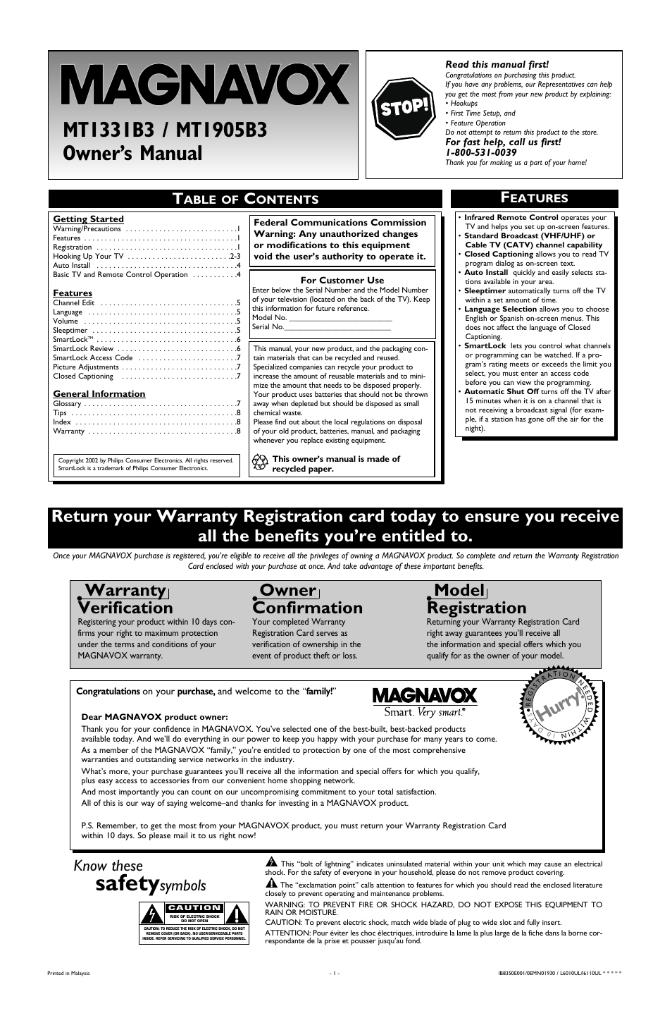 Philips Magnavox MT1331B3 User Manual | 8 pages