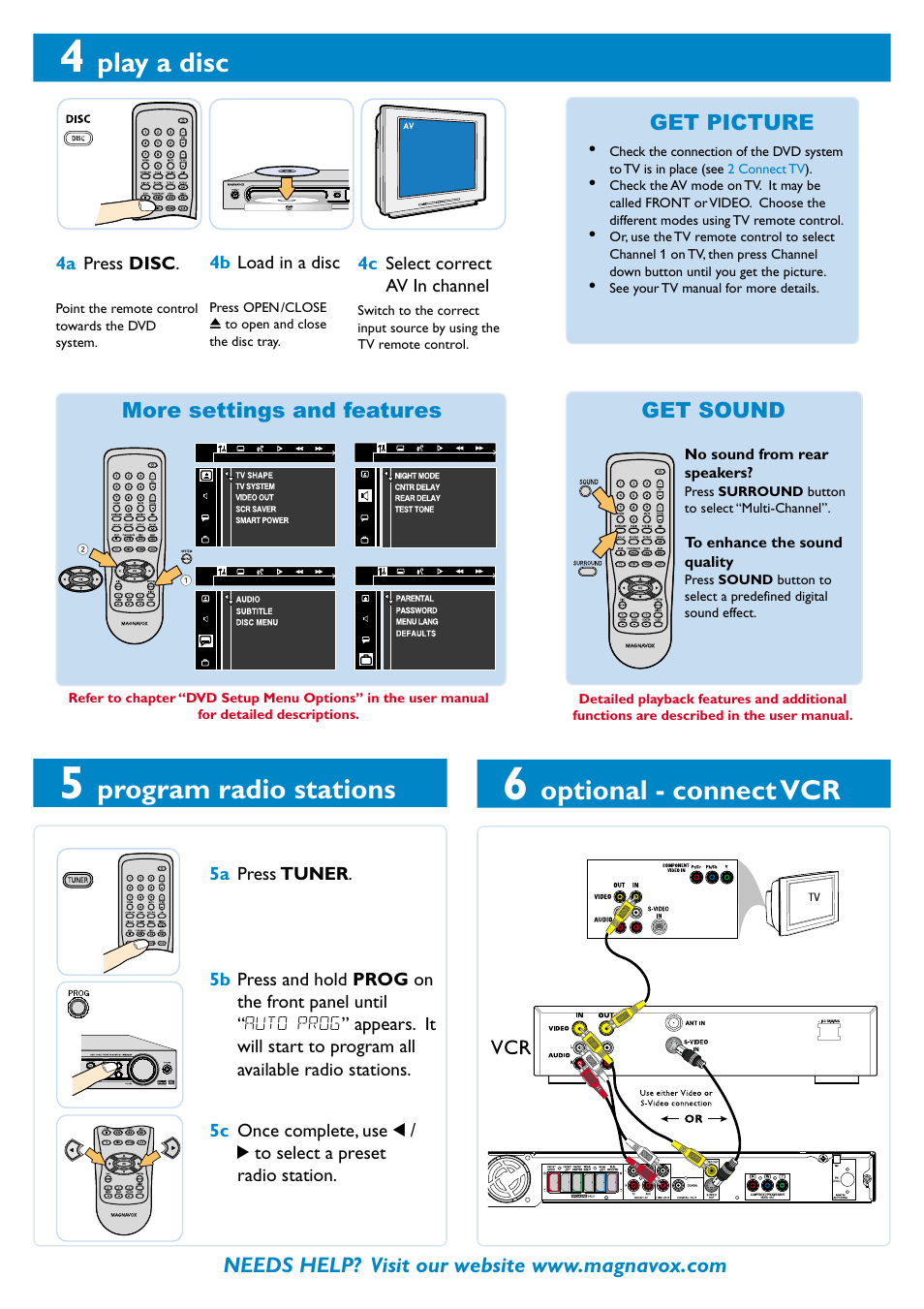 Play a disc, Program radio stations, Optional - connect vcr | Philips Magnavox MRD130 User Manual | Page 2 / 4