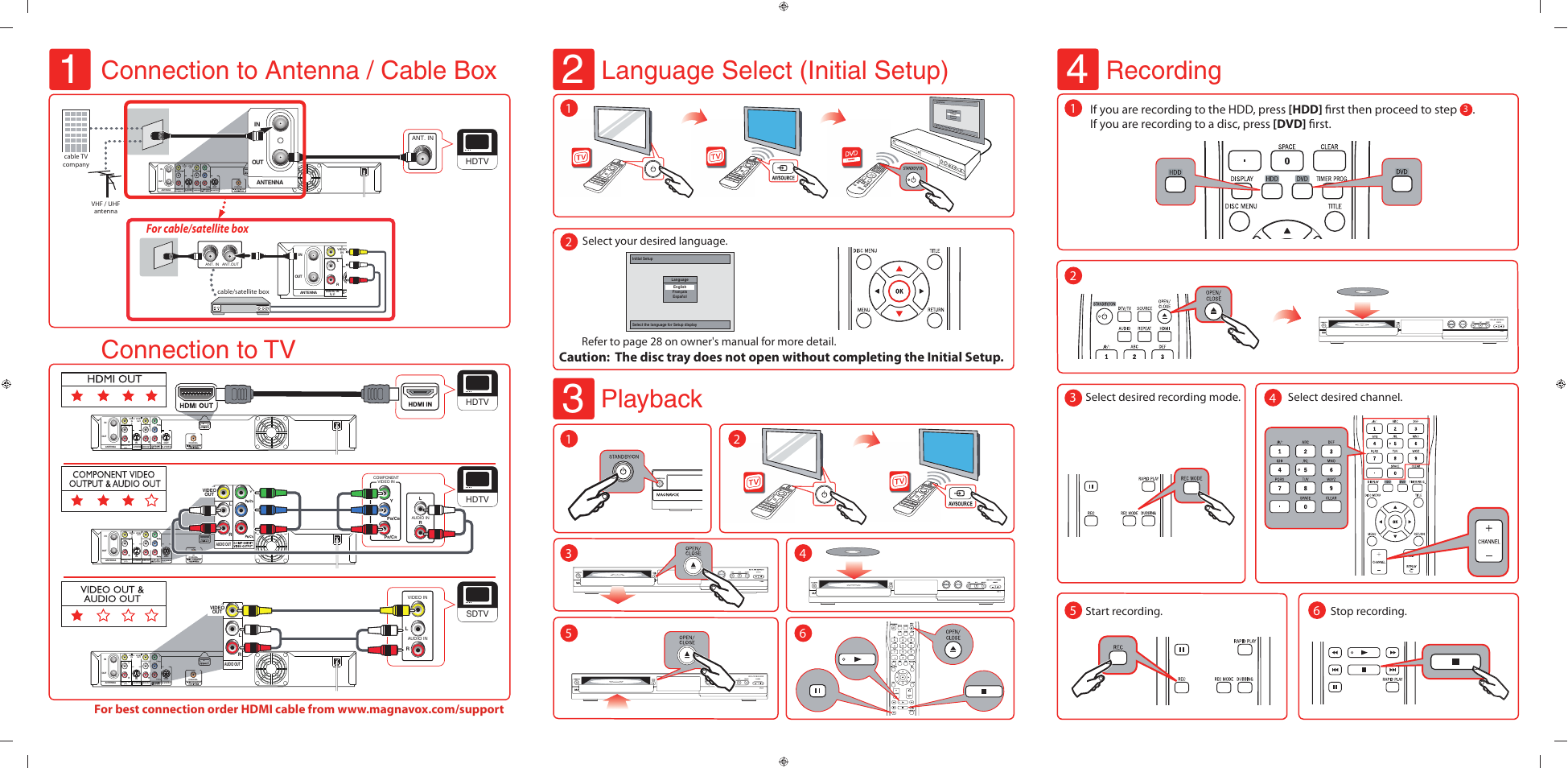 Connection to antenna / cable box connection to tv, Playback language select (initial setup), Recording | If you are recording to a disc, press [dvd] fi rst, For cable/satellite box, Hdtv, Hdtv sdtv | Philips Magnavox 1VMN29897 User Manual | Page 2 / 2