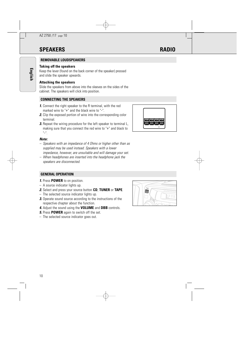 Speakers radio, English | Philips Magnavox AZ2750 User Manual | Page 10 / 48