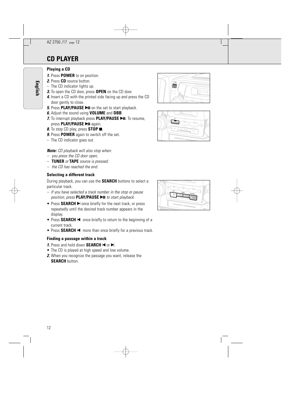 Cd player, English | Philips Magnavox AZ2750 User Manual | Page 12 / 48