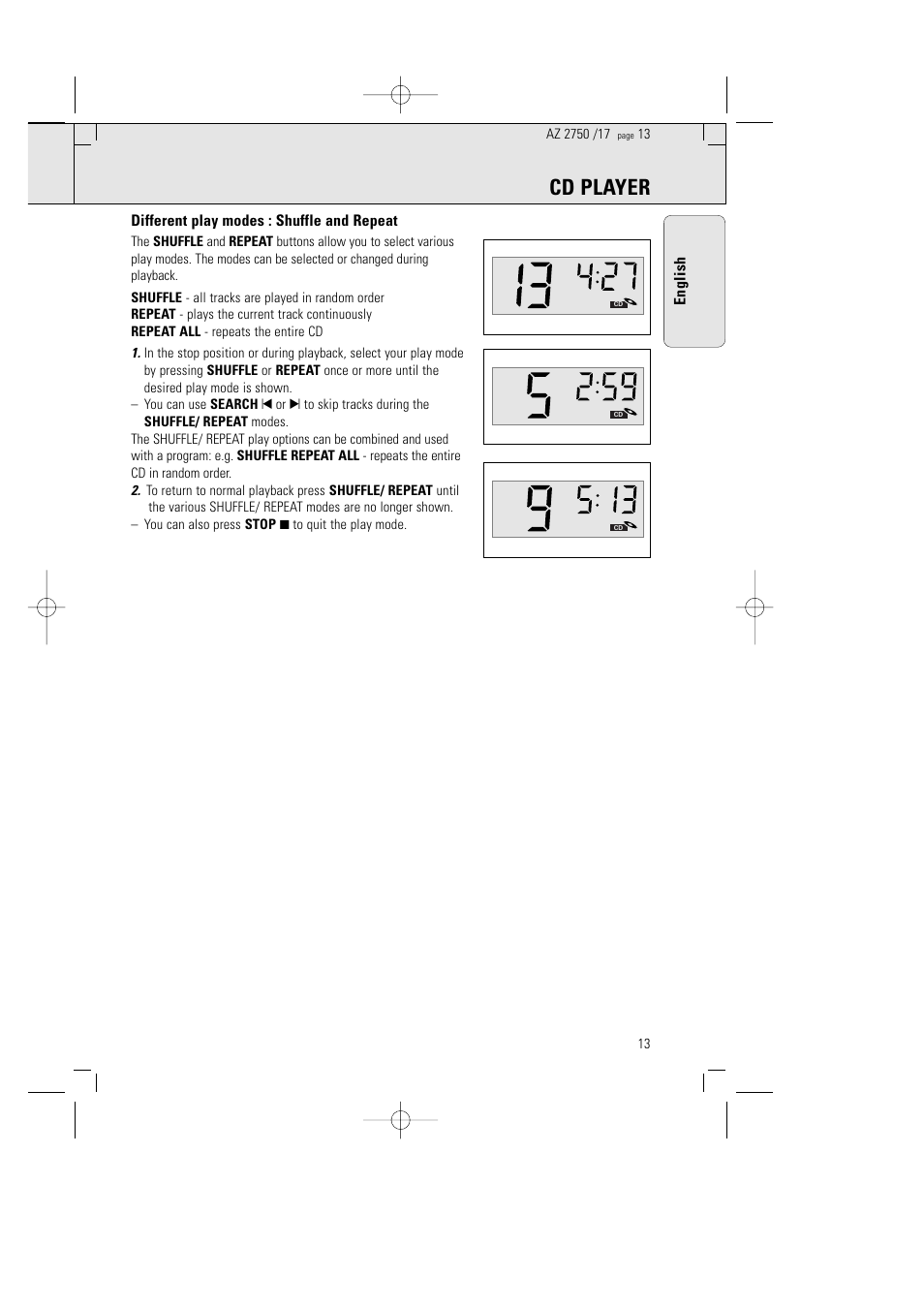 Cd player, English, Different play modes : shuffle and repeat | Philips Magnavox AZ2750 User Manual | Page 13 / 48