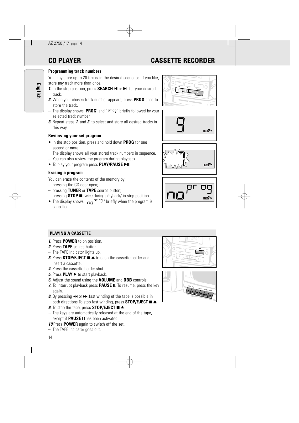 Cd player cassette recorder, English | Philips Magnavox AZ2750 User Manual | Page 14 / 48