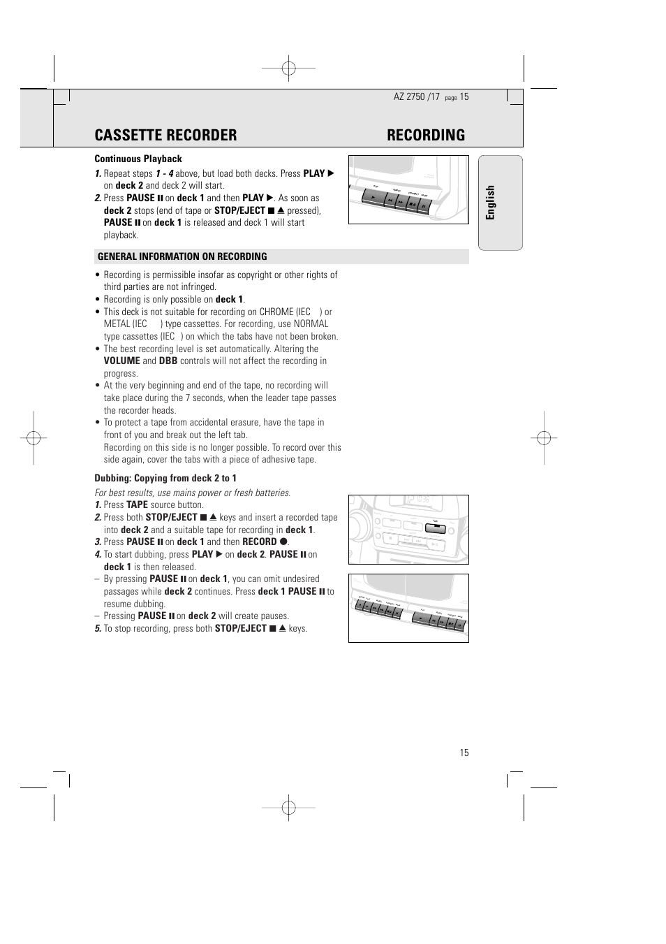 Cassette recorder recording, English | Philips Magnavox AZ2750 User Manual | Page 15 / 48