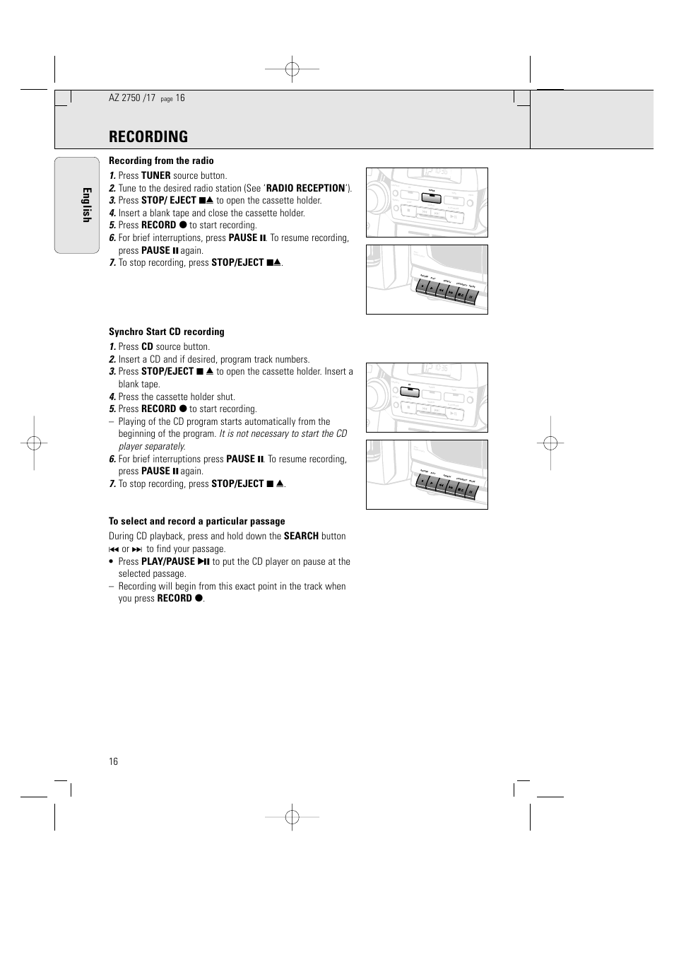 Recording, English | Philips Magnavox AZ2750 User Manual | Page 16 / 48