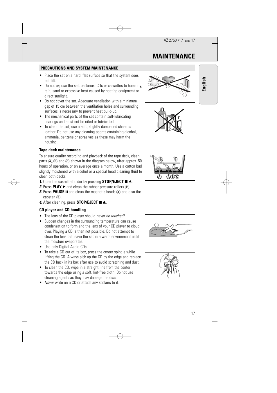 Maintenance | Philips Magnavox AZ2750 User Manual | Page 17 / 48