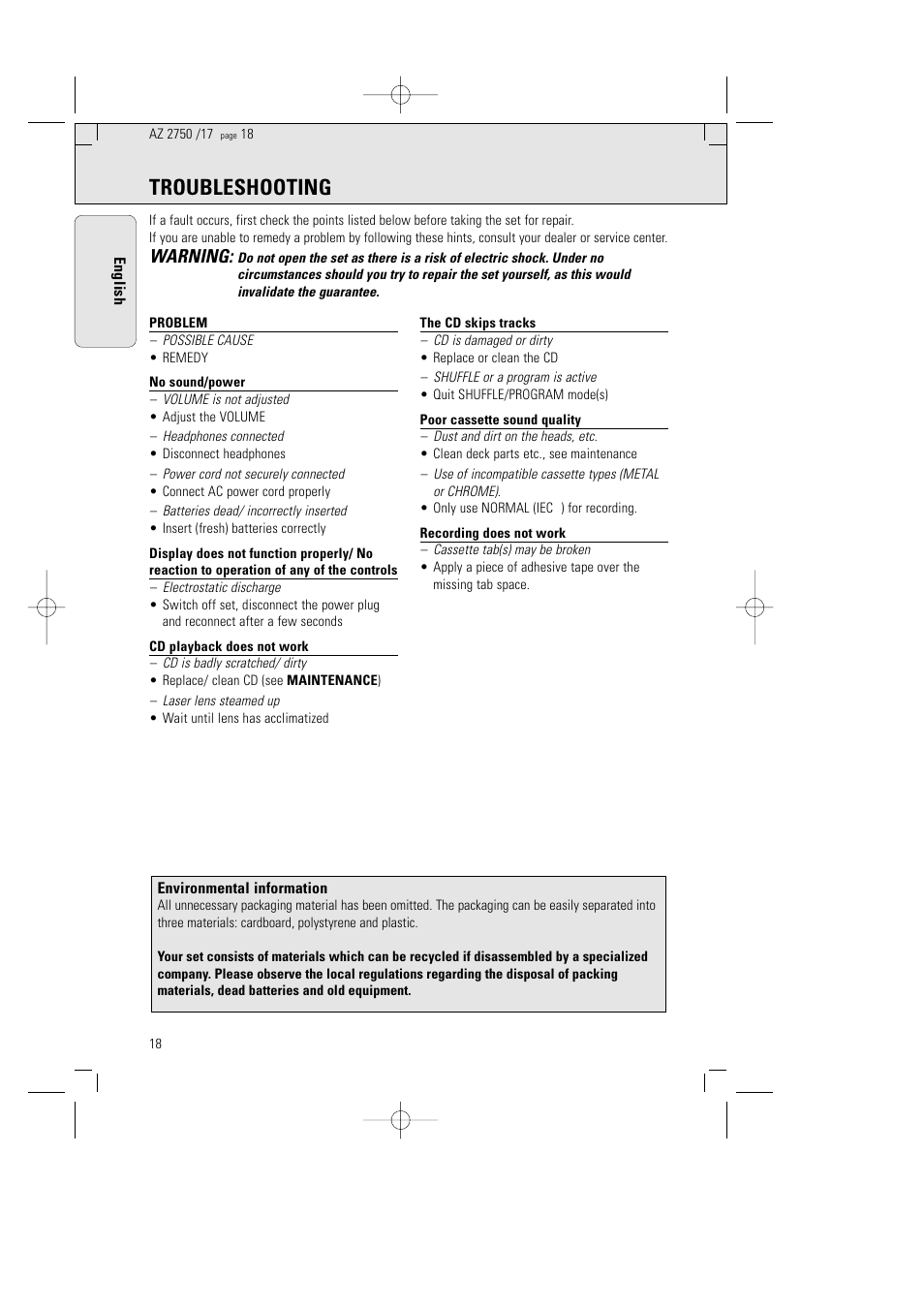 Troubleshooting, Warning | Philips Magnavox AZ2750 User Manual | Page 18 / 48