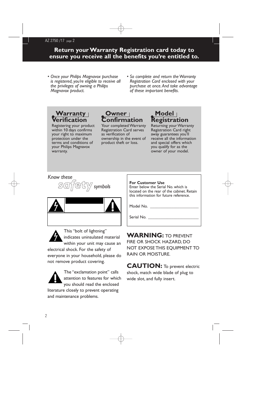 Ssa affe etty y, Warranty verification, Owner confirmation | Model registration, Warning, Caution | Philips Magnavox AZ2750 User Manual | Page 2 / 48