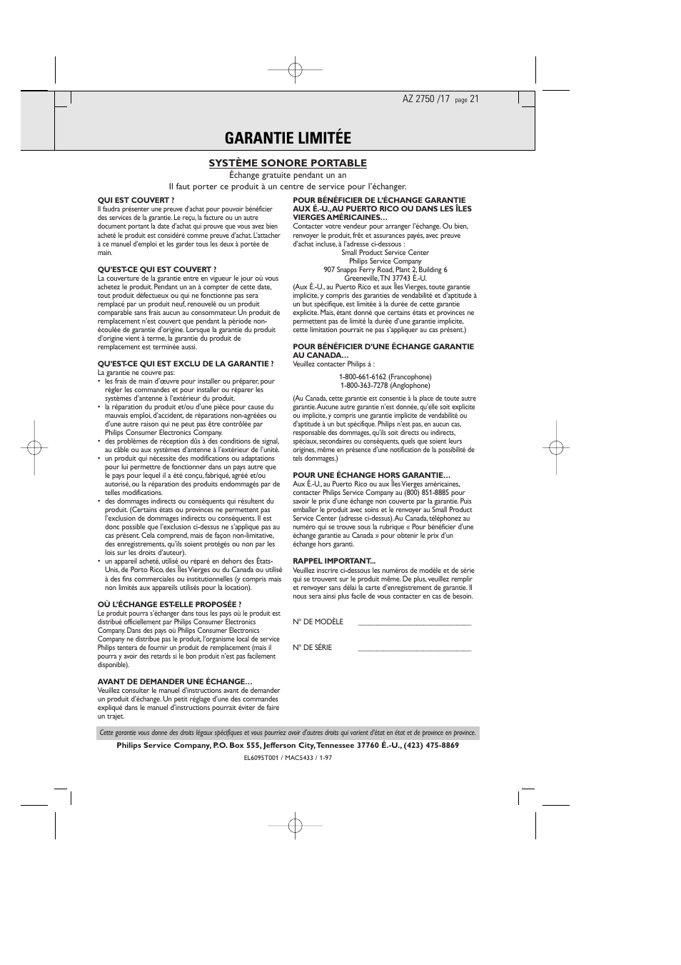 Garantie limitée | Philips Magnavox AZ2750 User Manual | Page 21 / 48