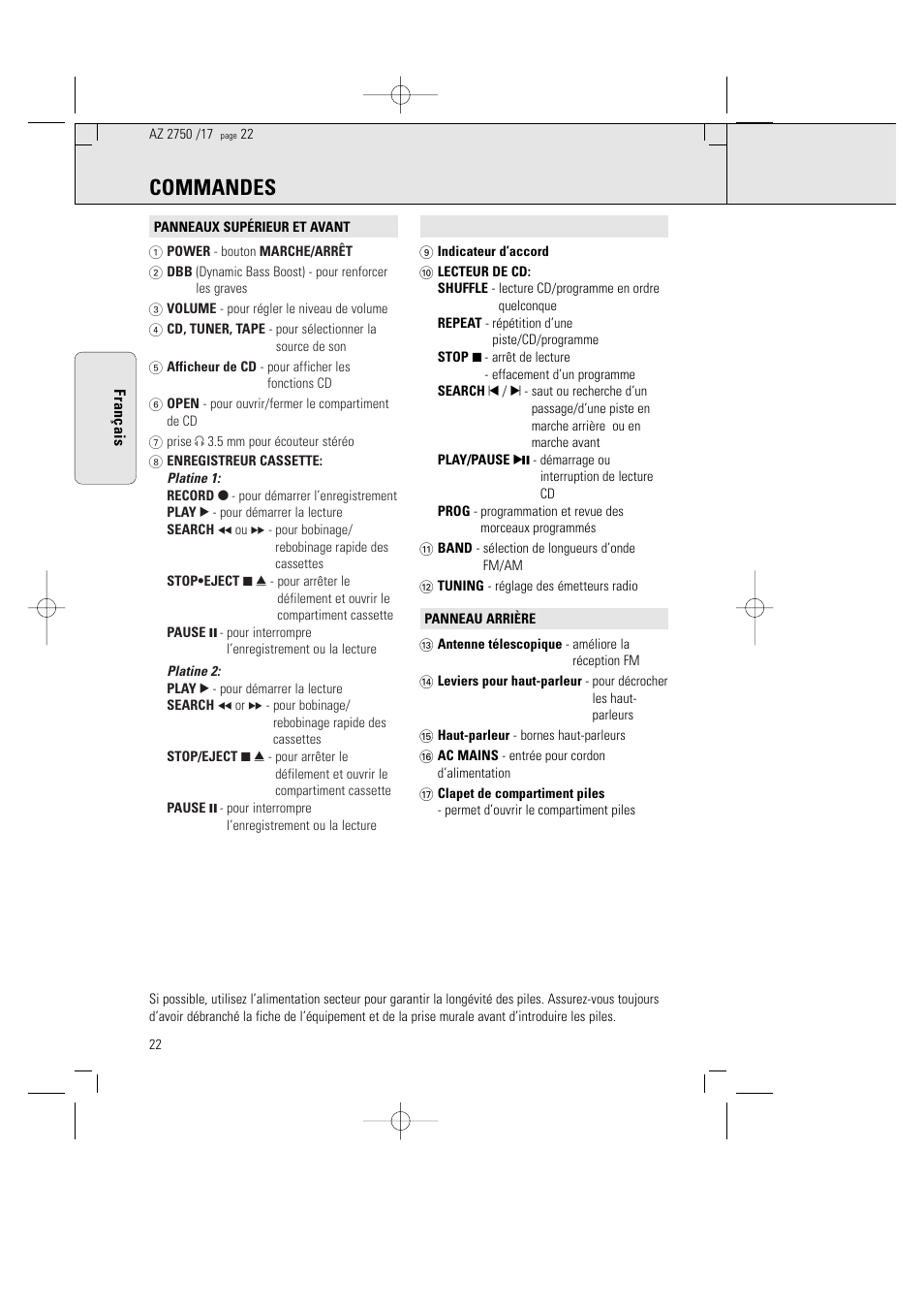 Commandes | Philips Magnavox AZ2750 User Manual | Page 22 / 48