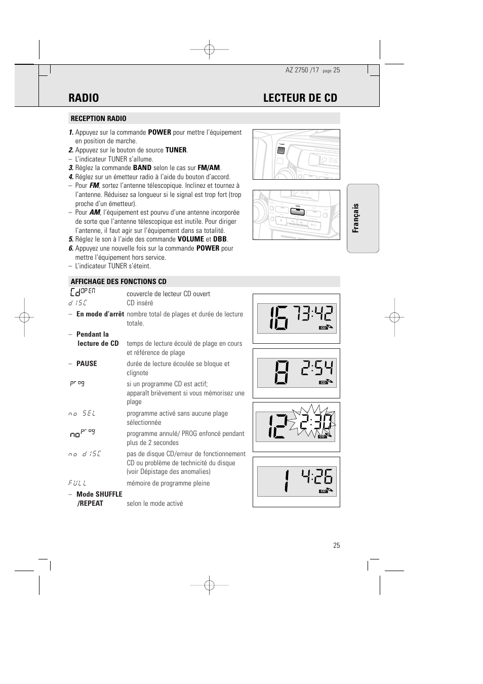 Radio lecteur de cd, Français | Philips Magnavox AZ2750 User Manual | Page 25 / 48