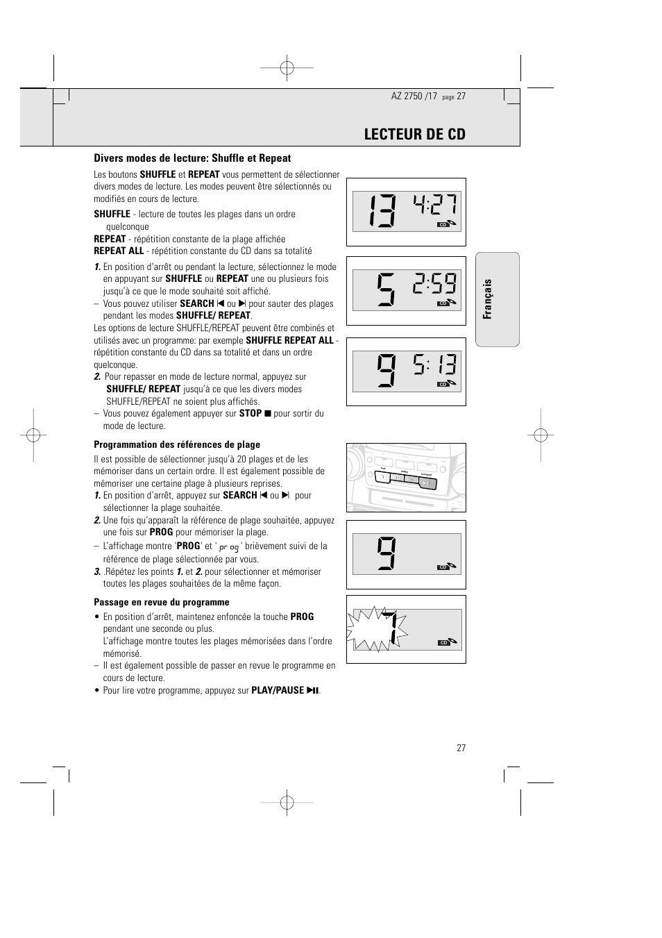 Lecteur de cd, Divers modes de lecture: shuffle et repeat, Français | Philips Magnavox AZ2750 User Manual | Page 27 / 48