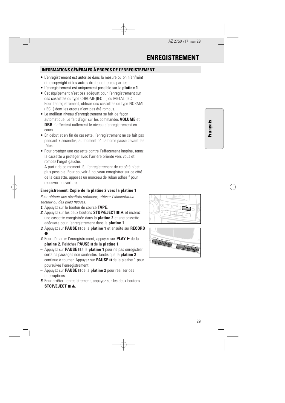 Enregistrement, Français | Philips Magnavox AZ2750 User Manual | Page 29 / 48