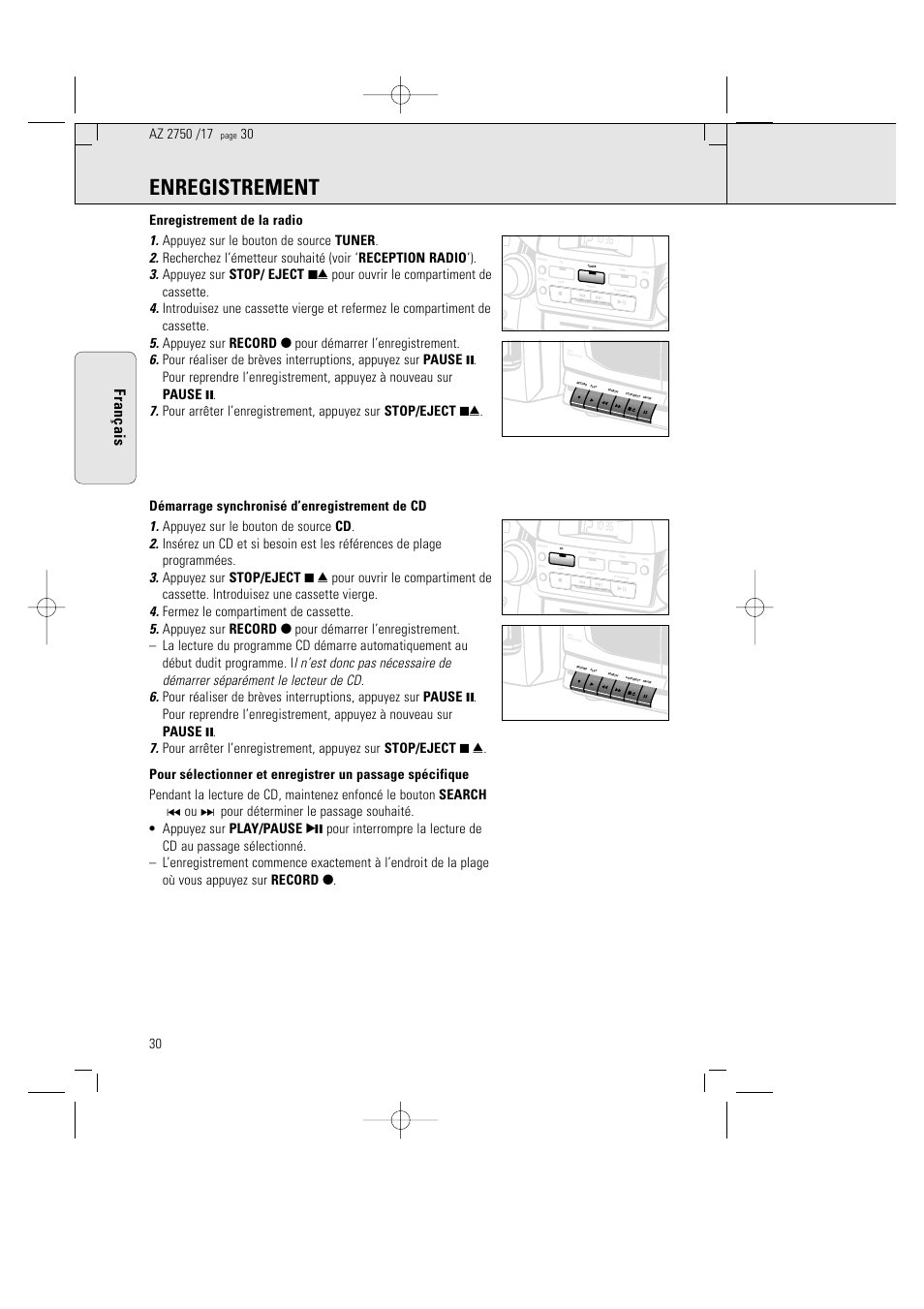 Enregistrement, Français | Philips Magnavox AZ2750 User Manual | Page 30 / 48