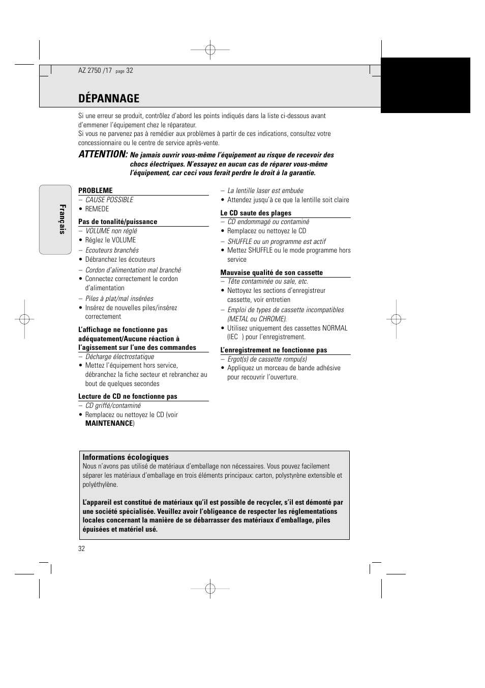 Dépannage, Attention | Philips Magnavox AZ2750 User Manual | Page 32 / 48