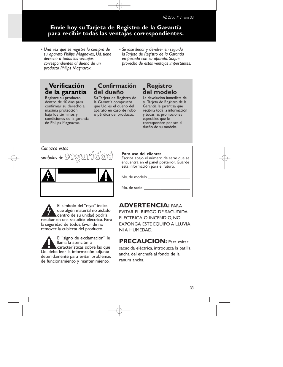 Seguridad, Verificación de la garantía, Confirmación del dueño | Registro del modelo, Advertencia, Precaucion | Philips Magnavox AZ2750 User Manual | Page 33 / 48
