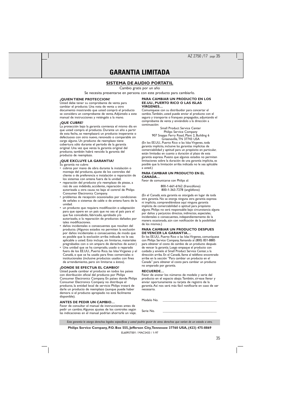 Garantia limitada | Philips Magnavox AZ2750 User Manual | Page 35 / 48