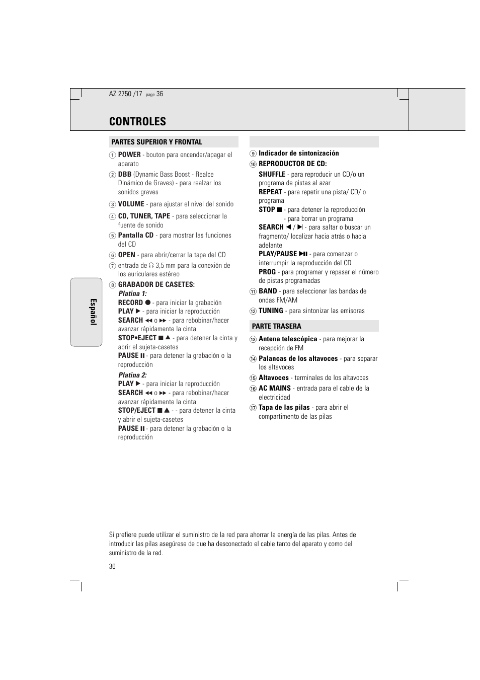 Controles | Philips Magnavox AZ2750 User Manual | Page 36 / 48