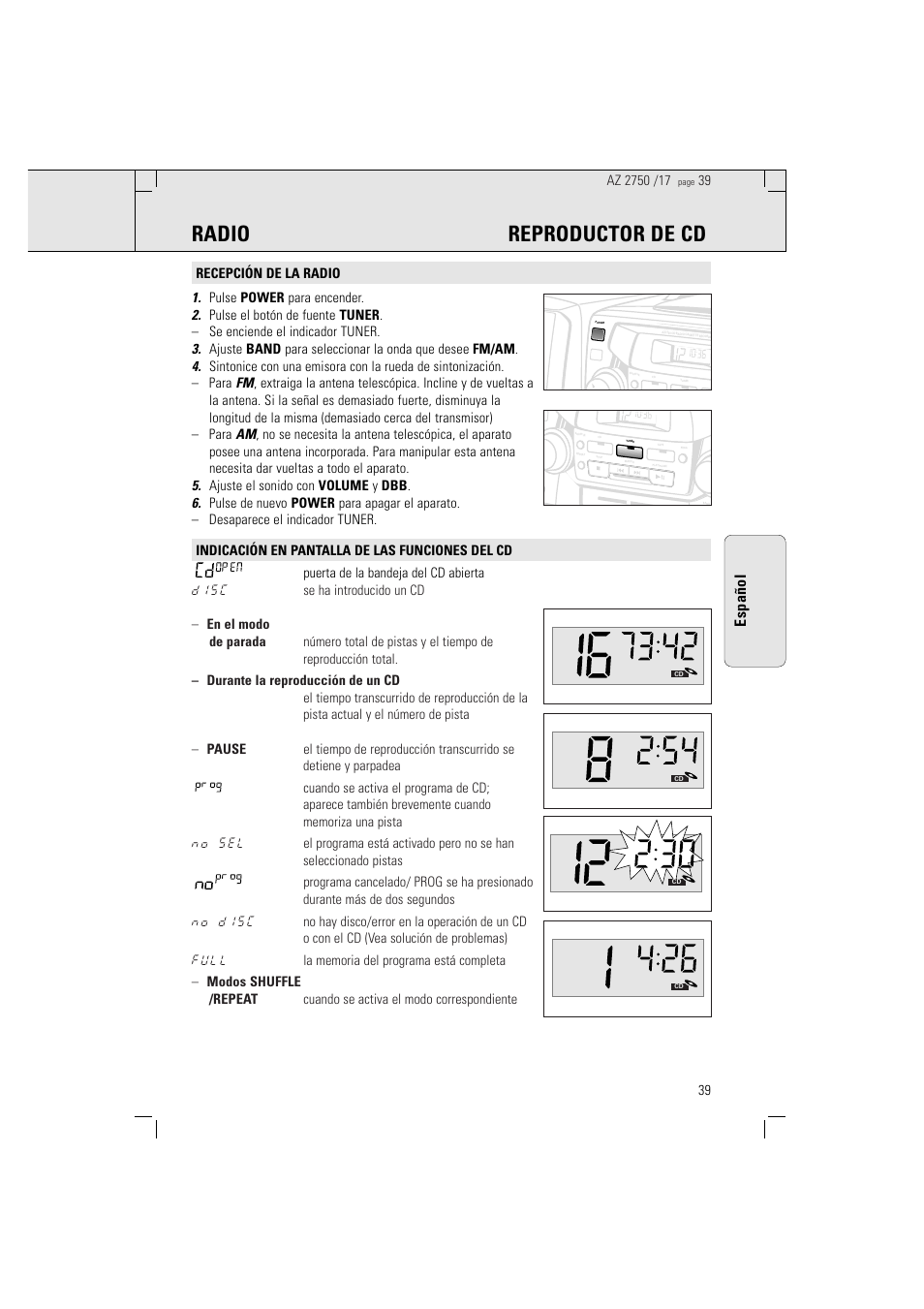 Radio reproductor de cd, Español | Philips Magnavox AZ2750 User Manual | Page 39 / 48