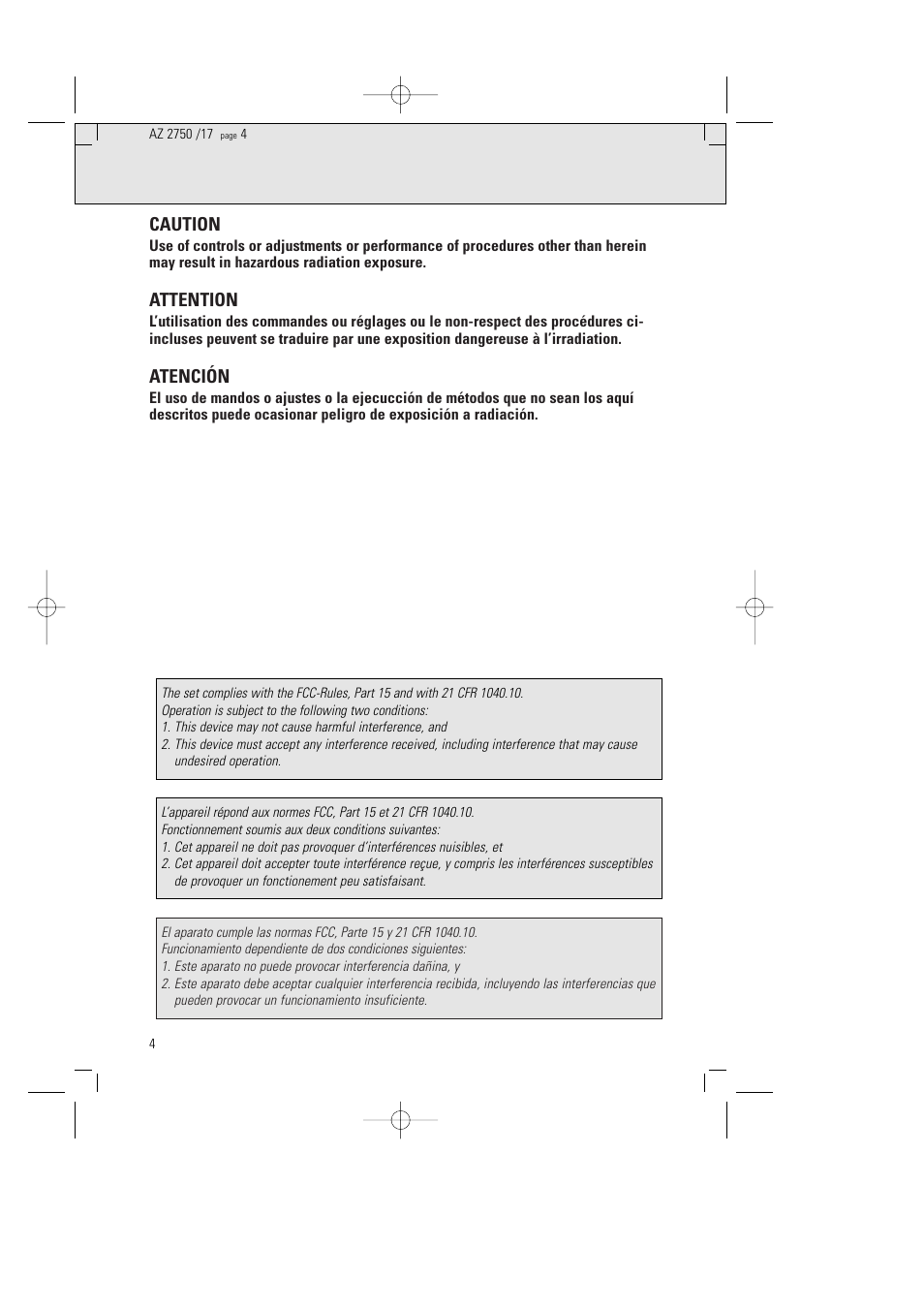 Caution, Attention, Atención | Philips Magnavox AZ2750 User Manual | Page 4 / 48
