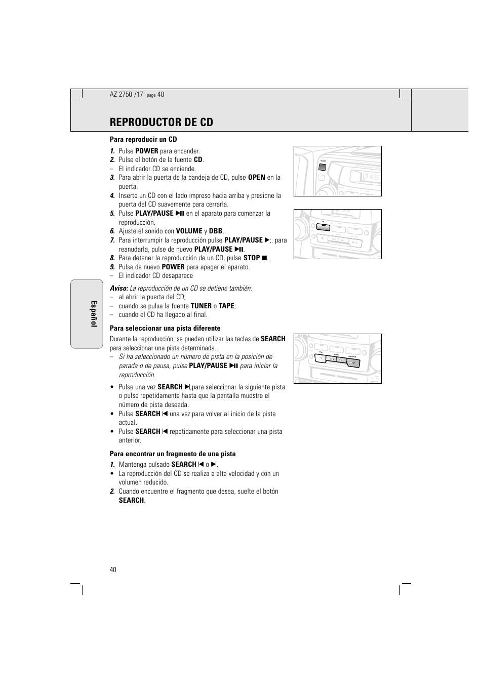 Reproductor de cd, Español | Philips Magnavox AZ2750 User Manual | Page 40 / 48