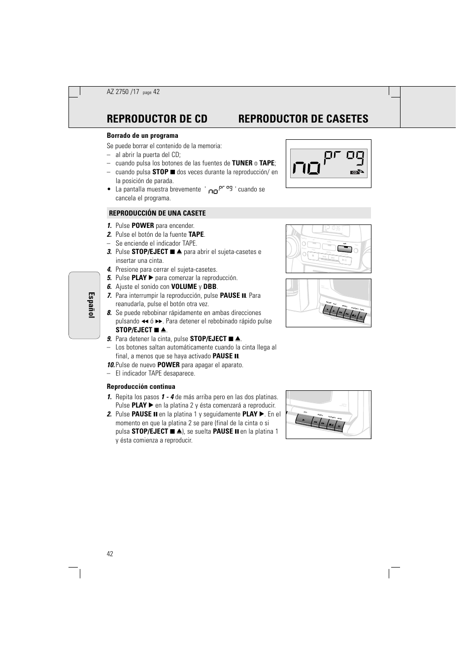 Reproductor de cd reproductor de casetes, Español | Philips Magnavox AZ2750 User Manual | Page 42 / 48