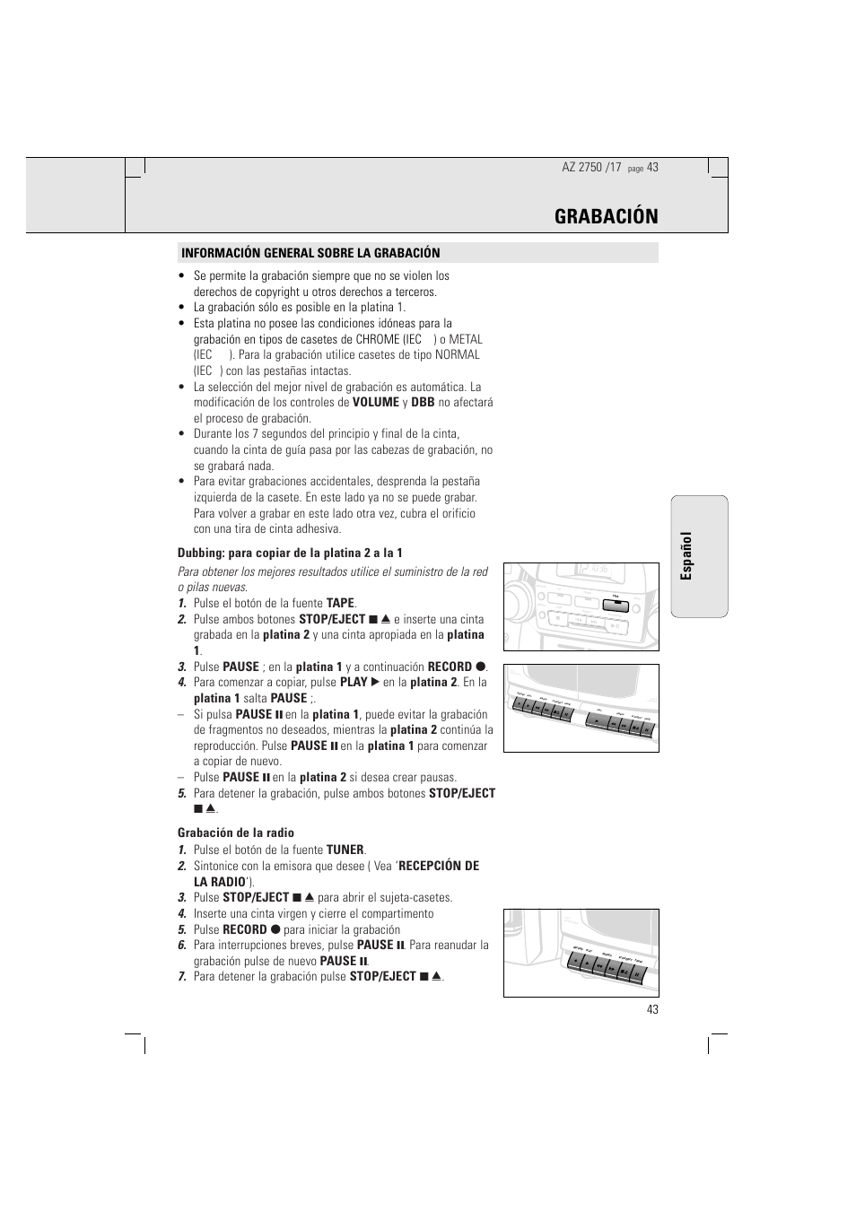 Grabación, Español | Philips Magnavox AZ2750 User Manual | Page 43 / 48