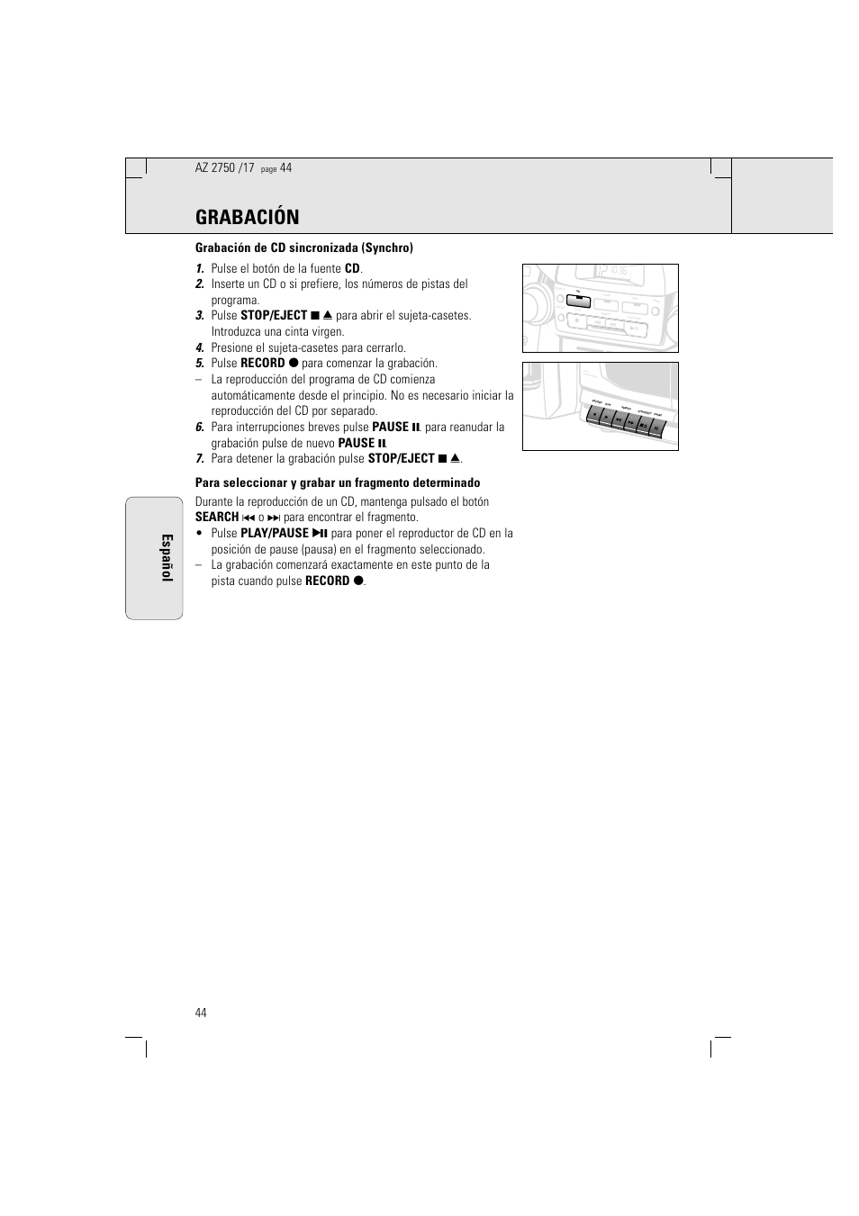 Grabación, Español | Philips Magnavox AZ2750 User Manual | Page 44 / 48