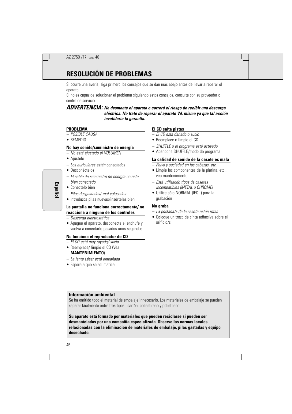 Resolución de problemas, Advertencia | Philips Magnavox AZ2750 User Manual | Page 46 / 48