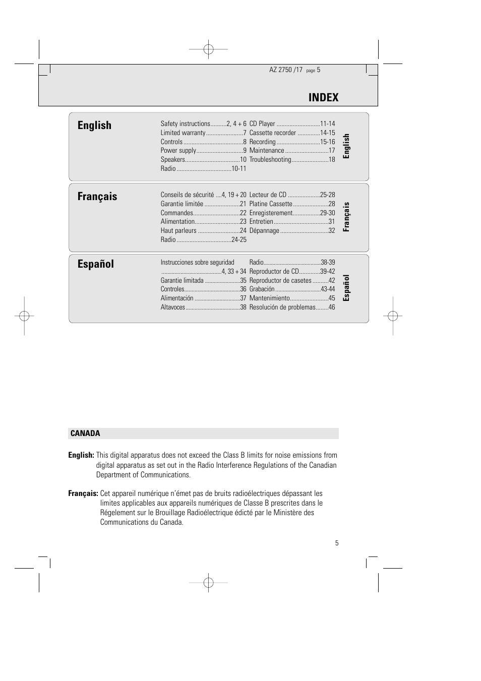 Index, English, Español | Français | Philips Magnavox AZ2750 User Manual | Page 5 / 48