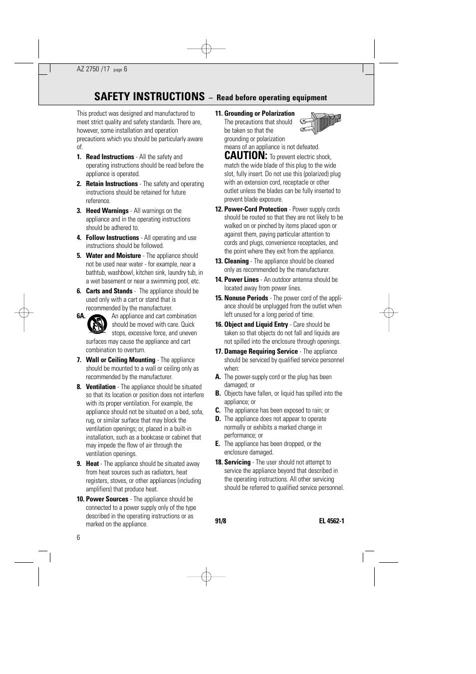 Safety instructions, Caution | Philips Magnavox AZ2750 User Manual | Page 6 / 48