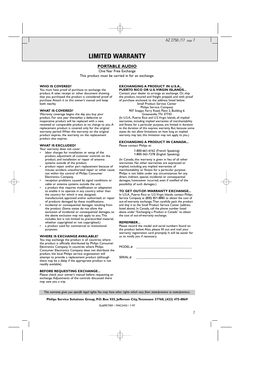 Limited warranty | Philips Magnavox AZ2750 User Manual | Page 7 / 48