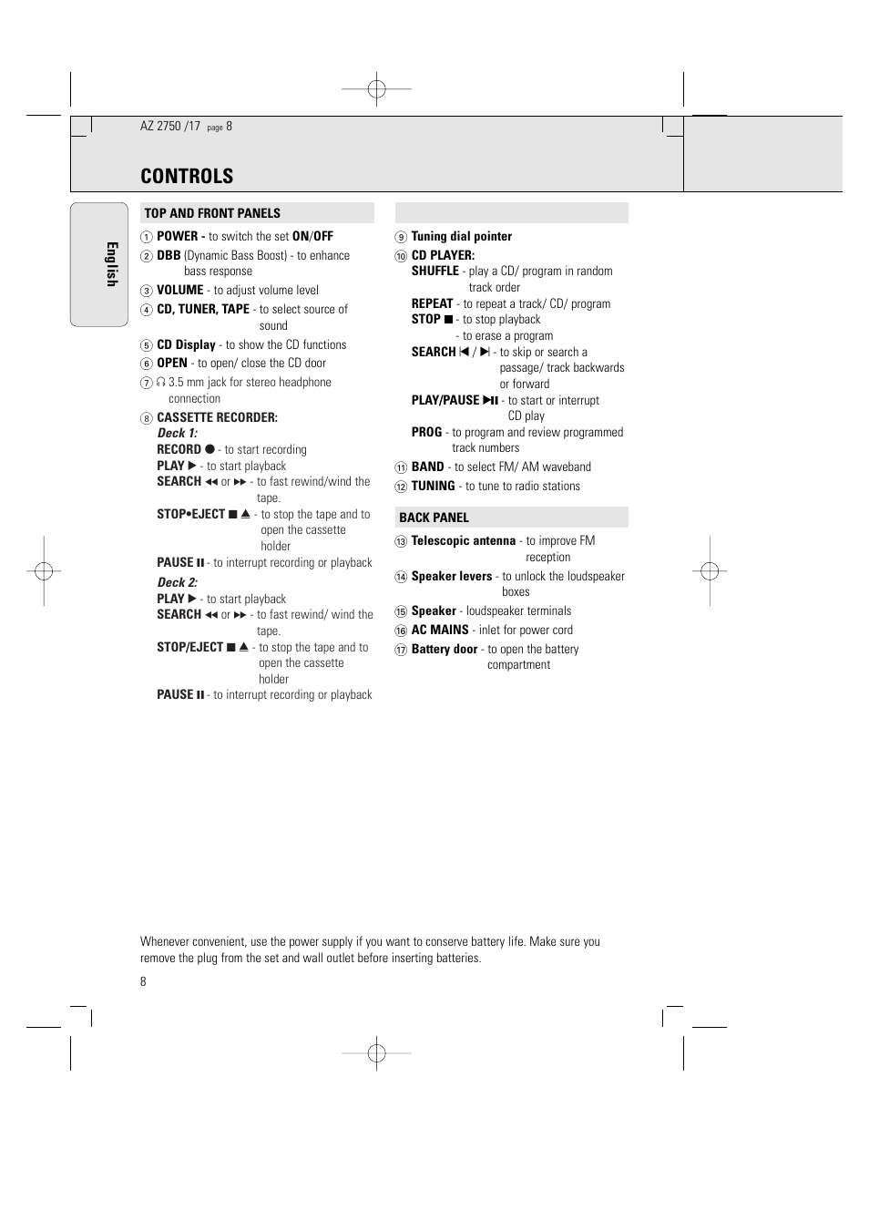 Controls | Philips Magnavox AZ2750 User Manual | Page 8 / 48