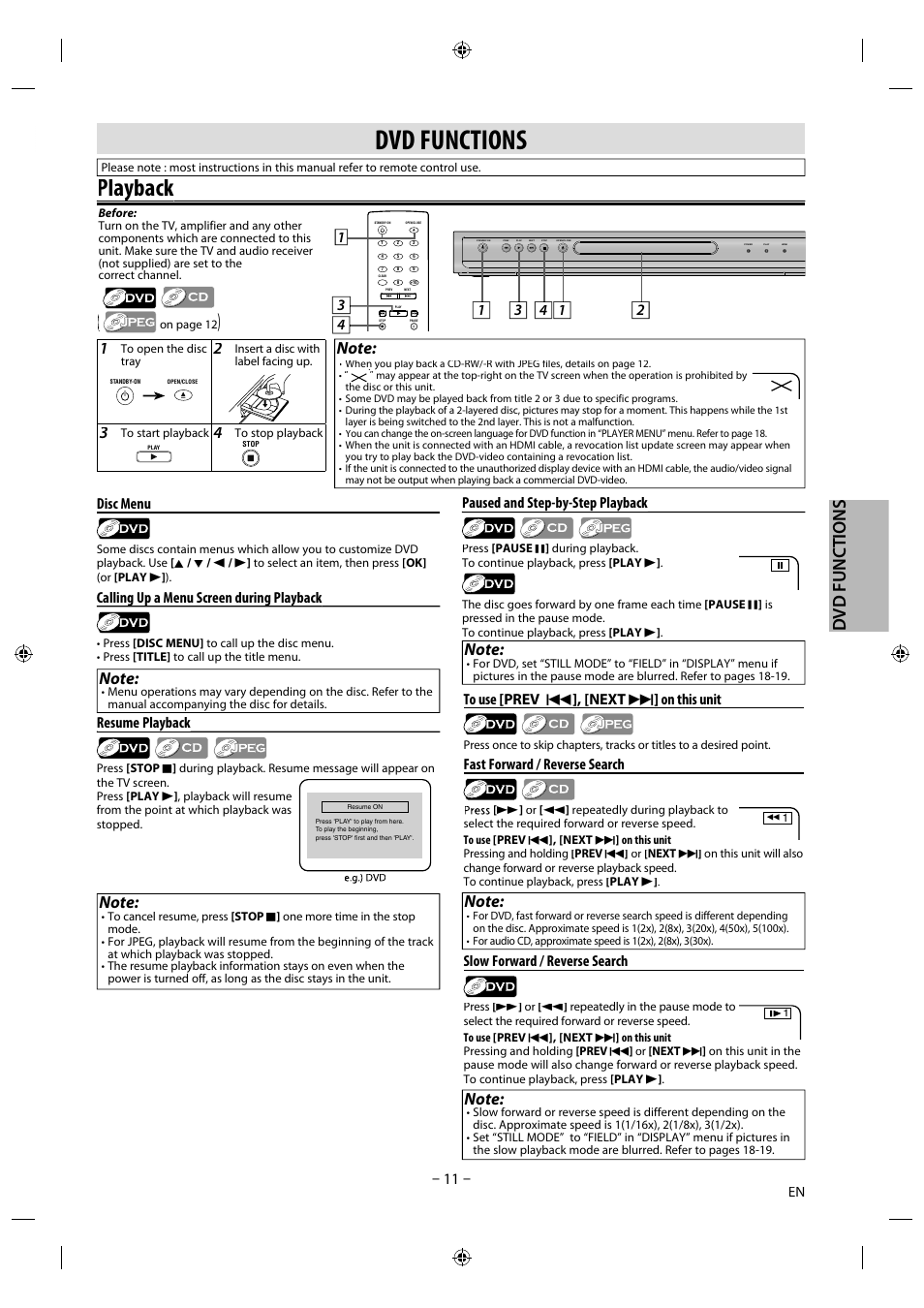 Dvd functions, Playback, Playback y | Dvd f un cti o n s, Fast forward / reverse search, Resume playback y, Slow forward / reverse search, Disc menu | Philips Magnavox DVD/CD Player DP170mw8b User Manual | Page 11 / 28