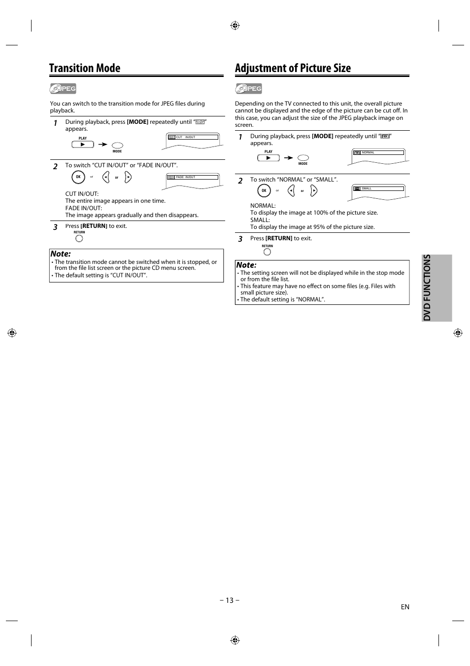 Transition mode, Adjustment of picture size, Adjustment of picture size j | Dvd f un cti o n s | Philips Magnavox DVD/CD Player DP170mw8b User Manual | Page 13 / 28
