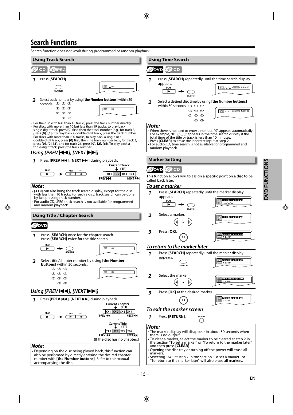 Search functions, Dvd f un cti o n s, Using [prev | Next, Using title / chapter search | Philips Magnavox DVD/CD Player DP170mw8b User Manual | Page 15 / 28