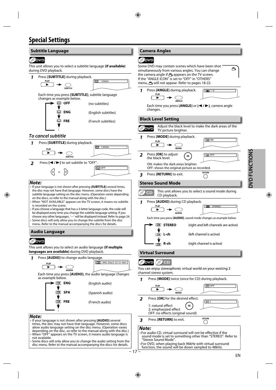Special settings, Special settings p g, Dvd f un cti o n s | 17 – black level setting stereo sound mode, Subtitle language, Camera angles, Virtual surround, Audio language | Philips Magnavox DVD/CD Player DP170mw8b User Manual | Page 17 / 28