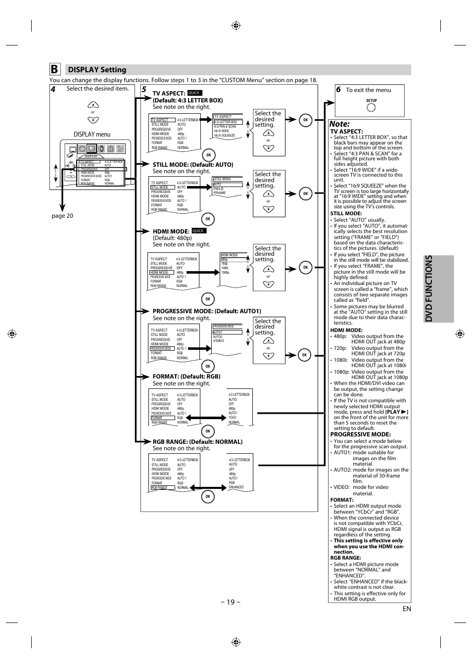 Dvd f un cti o n s, Display setting, Display menu | Philips Magnavox DVD/CD Player DP170mw8b User Manual | Page 19 / 28