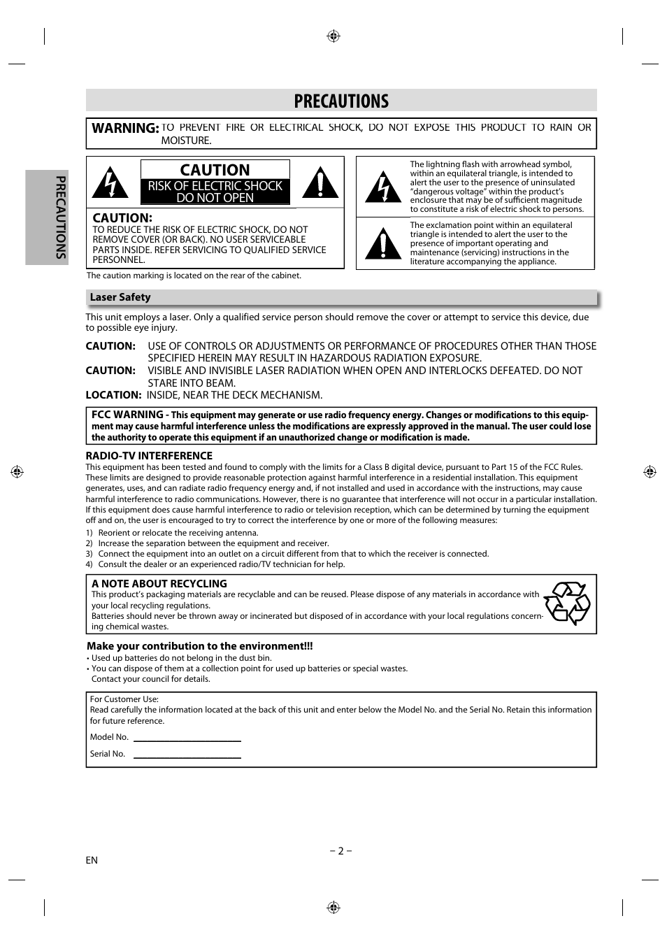 Precautions, Caution, Warning | Philips Magnavox DVD/CD Player DP170mw8b User Manual | Page 2 / 28
