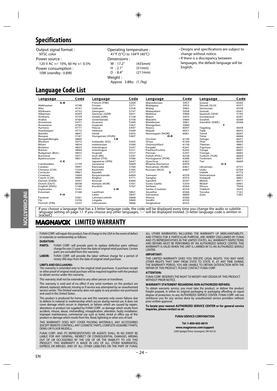 Specifications, Language code list, Limited warranty | Specifications p, Language code list g g, Information, Output signal format, Power source, Power consumption, Operating temperature | Philips Magnavox DVD/CD Player DP170mw8b User Manual | Page 24 / 28
