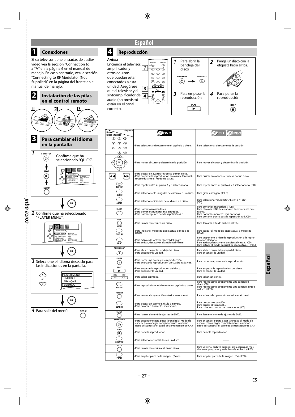 Español, Es pañol, Co te aqu co rte aquí | Conexiones reproducción, Instalación de las pilas en el control remoto, Para cambiar el idioma en la pantalla, Para abrir la bandeja del disco, Ponga un disco con la etiqueta hacia arriba, Para empezar la reproducción, Para parar la reproducción | Philips Magnavox DVD/CD Player DP170mw8b User Manual | Page 27 / 28