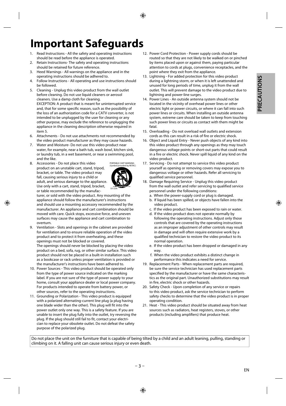 Important safeguards, Pre ca u ti o n s | Philips Magnavox DVD/CD Player DP170mw8b User Manual | Page 3 / 28