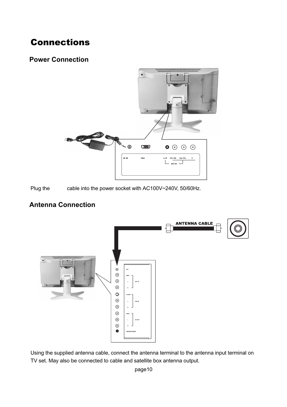 Connections, Power connection antenna connection | Philips Magnavox 17MD250V User Manual | Page 13 / 49