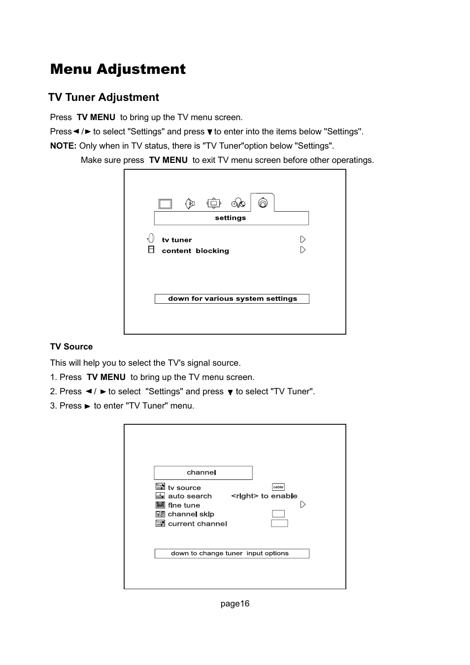 Menu adjustment, Tv tuner adjustment | Philips Magnavox 17MD250V User Manual | Page 19 / 49